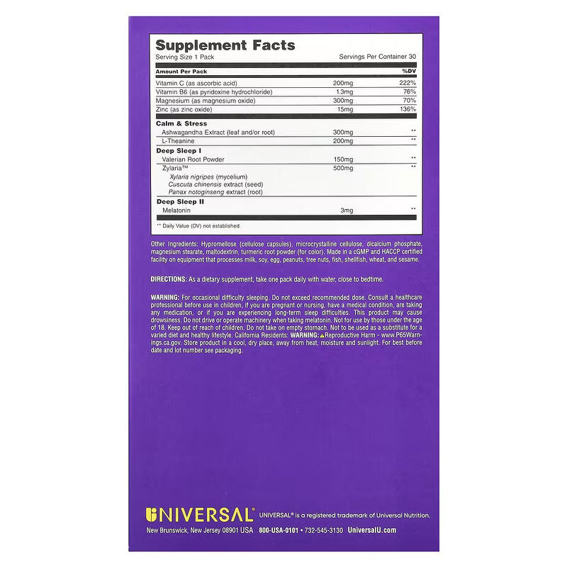 UNIVERSAL U De-Stress & Sleep MULTIVITAMIN Ashwagandha & THEANINE & VALERIAN Root & MELATONIN 30 PILL Packs